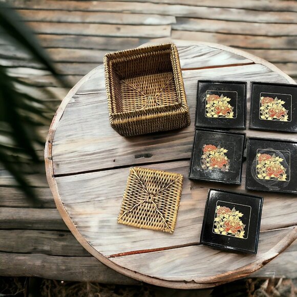 Vintage Japanese 1970’s Lacquerware Coaster Set Black Gold Wicker Coaster & Box - Picture 2 of 8